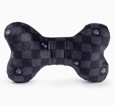 Black Checker Chewy Vuiton Bone Squeaker Dog Toy
