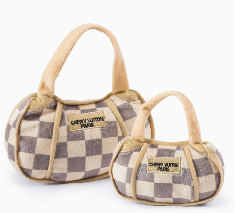 Checker Chewy Vuiton Handbag Squeaker Dog Toy