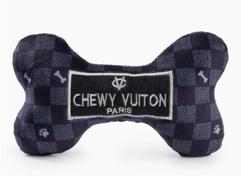 Black Checker Chewy Vuiton Bone Squeaker Dog Toy
