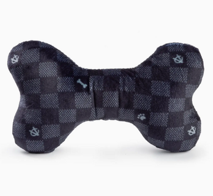 Black Checker Chewy Vuiton Bone Squeaker Dog Toy